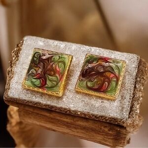 Vintage 1970 Swirl Watercolor Square Stud Earrings Multicolor Metal 1" Retro EXC